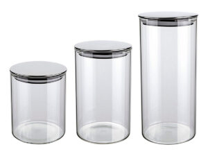 3 Potes De Vidro Slim Com Tampa Inox Porta Mantimentos