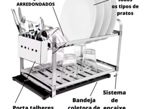 Escorredor 12 Pratos Em Inox Com Porta Talheres De Plástico